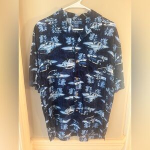 Puritan Hawaiian Shirt Men’s M 38-40 Rayon Cars Palm Trees Navy Blue
